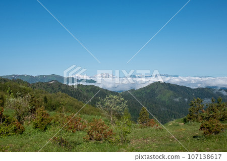Mountain landscape. Green alpine meadow and a view of the Fisht, Oshten mountains and the Lago-Naki plateau 107138617
