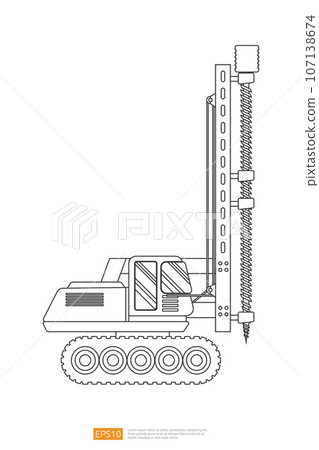 Line Track Drilling Machine on white background. big heavy machinery equipment vehicle. Drilling Tractor flat construction and mining Industry car. Coloring Page Book Cartoon Isolated for Kids 107138674