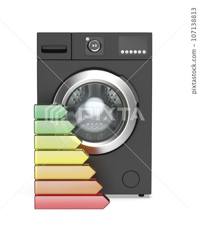 Black washing machine and energy efficiency rating bars Black washing machine and energy efficiency rating bars 107138813