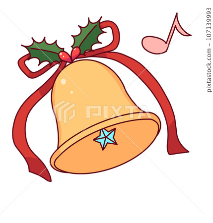 Illustration of Christmas bells with musical notes and ribbons Illustration of Christmas bells with musical notes and ribbons 107139993