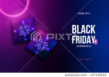 Black Friday Background with neon lighting gift box.  107140050