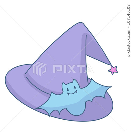 Illustration of bat and purple witch hat 107140108