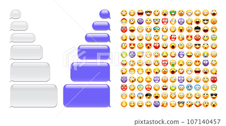 Blank message bubbles with emoji. Violet chat or messenger speech bubble. SMS text frame. Short message sending. Conversation screen. Social media application. Vector illustration 107140457