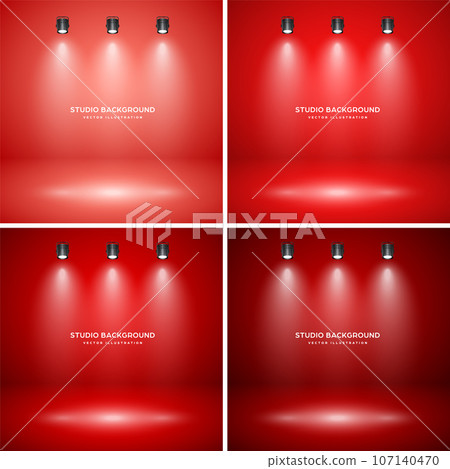 Empty red studio abstract backgrounds with spotlight effect. Product showcase backdrop. Stage lighting. Vector illustration 107140470