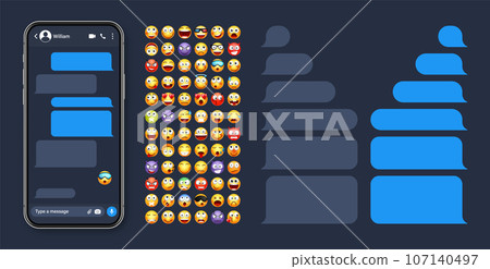Smartphone messaging app, user interface with emoji. SMS text frame. Chat screen, blue message bubbles. Texting app for communication. Social media application. Dark mode. Vector illustration Smartphone messaging app, user interface with emoji. SMS text frame. Chat screen, blue message bubbles. Texting app for communication. Social media application. Dark mode. Vector illustration 107140497