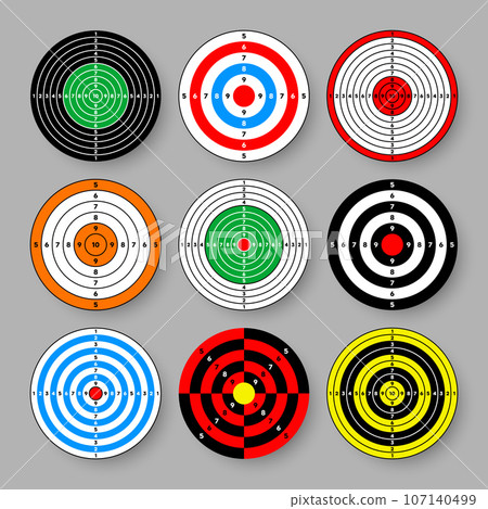 Shooting range paper targets. Round target with divisions, marks and numbers. Archery, gun shooting practise and training, sport competition and hunting. Bullseye and aim. Vector illustration 107140499