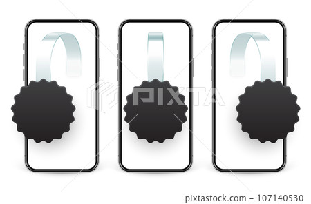 Supermarket promotional wobblers and smartphone. Realistic blank wobbler template for shelf advertising. Sale or discount label. Special offer price tag. Online, web shop concept. Vector illustration 107140530