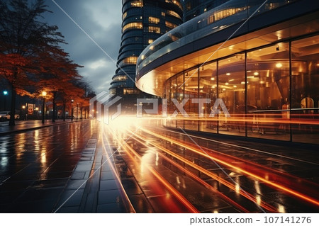 Abstract night cityscape background. Smart city, ai and digital transformation concept. Double exposure 107141276