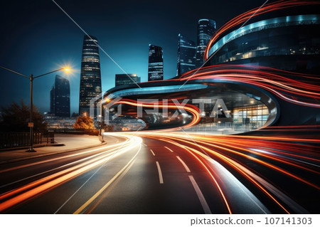 Abstract night cityscape background. Smart city, ai and digital transformation concept. Double exposure Abstract night cityscape background. Smart city, ai and digital transformation concept. Double exposure 107141303