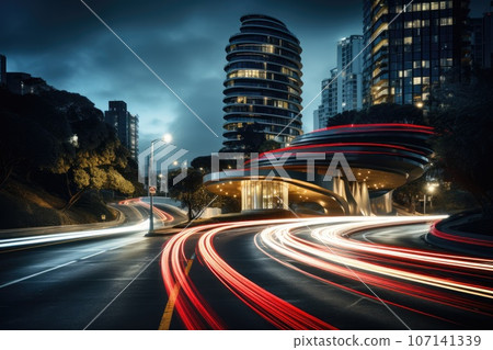Abstract night cityscape background. Smart city, ai and digital transformation concept. Double exposure 107141339