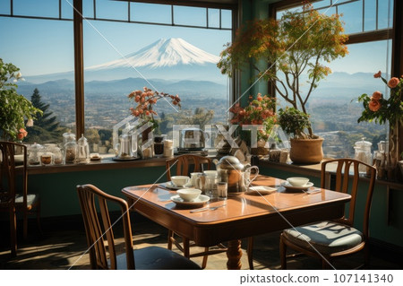 Luxury eatery with Fuji mountain view. Generative AI 107141340