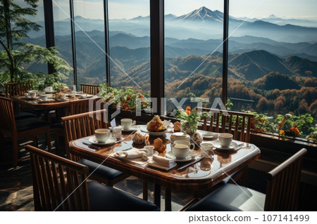 Luxury eatery near beautiful lake. dinner concept. Generative AI 107141499