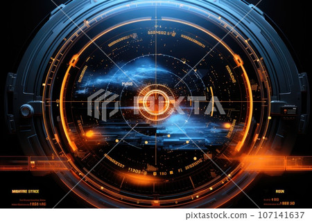 Abstract technology hud interface hologram elements neon lights, circle percent vitality innovation on hi tech future design. Generative AI 107141637