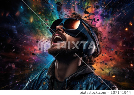 Boy wearing virtual reality headset. VR goggles innovation technology. Generative AI 107141944