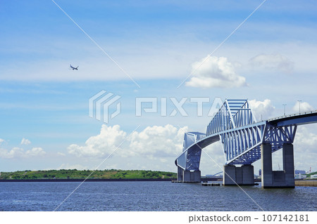 Tokyo Gate Bridge and airplanes seen from Wakasu Seaside Park 107142181