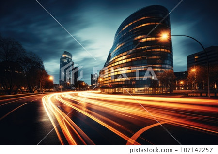 Abstract night cityscape background. Smart city, ai and digital transformation concept. Double exposure 107142257