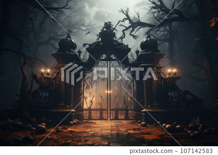 Gate with Halloween theme background. scary cemetery gate. Generative AI 107142583