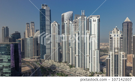 Bay Avenue during sunrise with modern towers in Business Bay aerial, Dubai 107142807