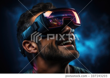 Man wearing virtual reality goggles. futuristic entertainment concept. Generative AI 107143203