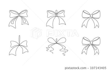 Tied ribbon bow hand drawing one line set. Vector stock illustration isolated on white background for design template Christmas, Birthday greeting card, invitation. Editable stroke. EPS10 Tied ribbon bow hand drawing one line set. Vector stock illustration isolated on white background for design template Christmas, Birthday greeting card, invitation. Editable stroke. EPS10 107143405