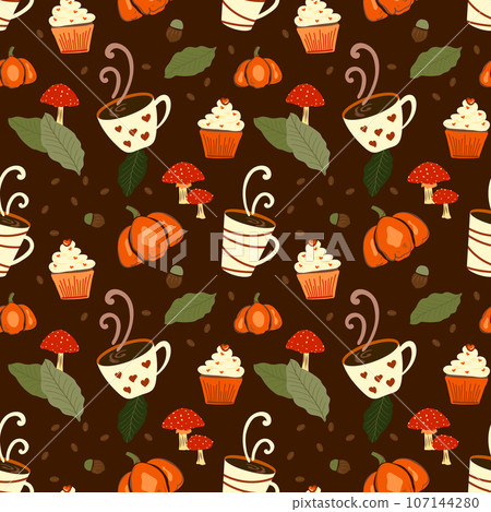 Autumn seamless pattern with, leaves, acorn, hot coffee, pumpkin, cupcake and  mushrooms. Autumn harvest, halloween or Thanksgiving on dark brown color background design 107144280