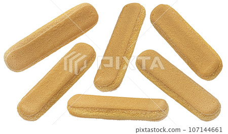 Italian savoiardi biscuits, ladyfinger cookies isolated on white background, full depth of field Italian savoiardi biscuits, ladyfinger cookies isolated on white background, full depth of field 107144661