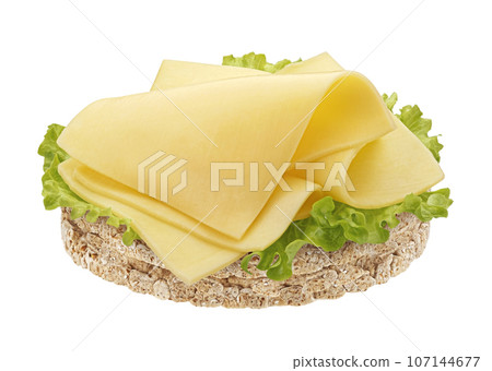 Cheese sandwich, gouda slices on puffed rice cake isolated on white background, full depth of field 107144677