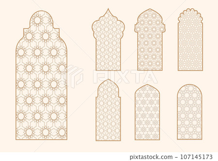 Islamic window shape with mashrabiya pattern. Arabic door frame. Islamic arhitecture elements of window and door and mashrabiya pattern. 107145173