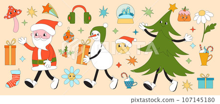 Merry Christmas groovy set. Collection of hippie holiday winter elements in trendy old animation style. Groovy Christmas stickers. 107145180