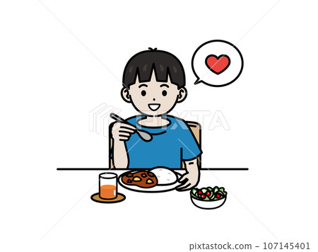 Illustration of a boy eating his favorite curry and rice Illustration of a boy eating his favorite curry and rice 107145401