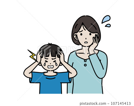 A mother is troubled by her son who has a tantrum and cries. 107145413