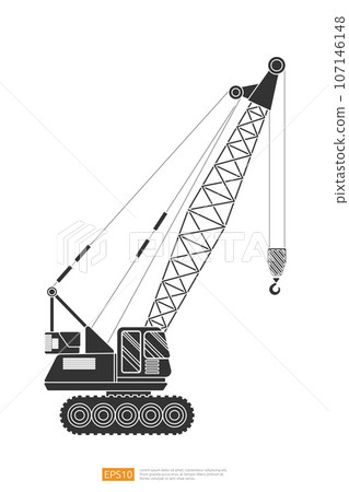 side view Silhouette Lifting crane vector illustration on white background. Isolated big heavy machinery equipment vehicle. Tower and harbor lifter flat cartoon construction and Industrial car icon 107146148