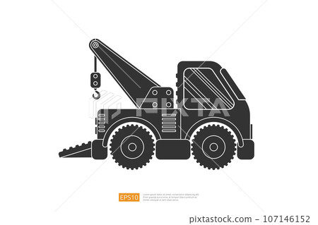 Silhouette wrecker truck vector illustration on white background. Isolated tow car vehicle. flat cartoon recovery Truck 24 hour Tow Service icon 107146152