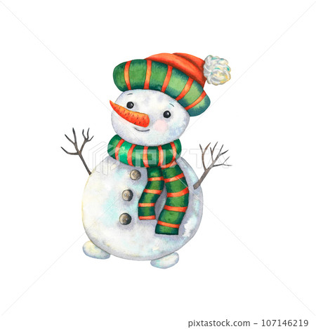 Cute watercolour snowman in a hat and scarf clipart, winter christmas and new year illustration with cartoon character. Painting for card and print design. Hand drawn isolated on white Cute watercolour snowman in a hat and scarf clipart, winter christmas and new year illustration with cartoon character. Painting for card and print design. Hand drawn isolated on white 107146219