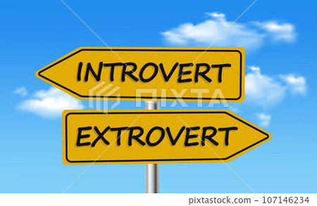 Conflict of Introvert vs Extrovert, Introvert - Extrovert signpost with sky background vector illustration 107146234