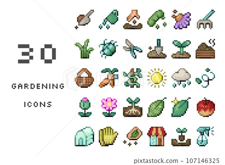 一組 30 個與園藝相關的懷舊可愛的像素藝術圖示。 一組 30 個與園藝相關的懷舊可愛的像素藝術圖示。 107146325