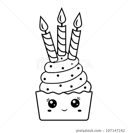 Sweet dessert cupcake with candles in doodle style, black outline 107147242