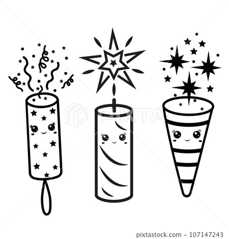 Festive Firecrackers Kawaii Doodle style Fireworks, Black outline 107147243