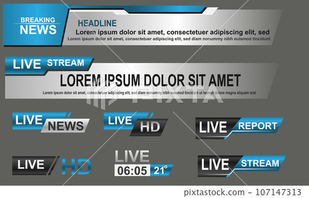 Broadcast News Lower Thirds Template layout blue grey set collection design banner for bar Headline news title, sport game in Television, Video and Media Channel vector 107147313