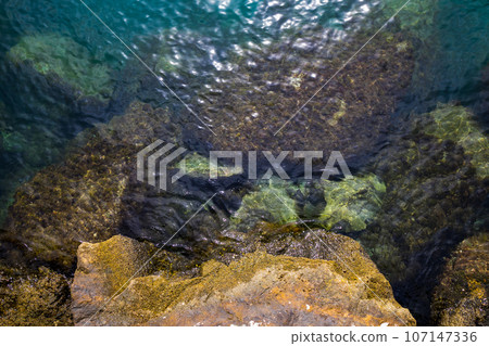 Top view on sea water with underwater stones, nature background 107147336