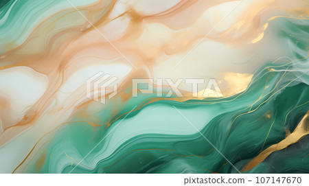 Abstract emerald marble texture with golden lines on glossy surface for background or wallpaper presentation. Aspect ratio 16:9. Generative AI. 107147670