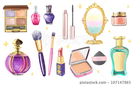 Cosmetic tool set painted in watercolor Cosmetic tool set painted in watercolor 107147865