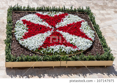 Malta, Valletta, Flowers representing the Maltese Cross Maltese Cross in the public gardens of Upper Barakka 107147975
