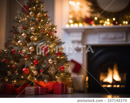 Christmas scene by the fireplace with bokeh lighting, blurred holiday backdrop. Festive home ambiance. Christmas scene by the fireplace with bokeh lighting, blurred holiday backdrop. Festive home ambiance. 107148379