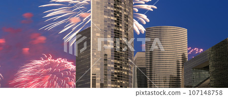 Celebratory fireworks over the Skyscrapers La Defense, commercial and business center of Paris, France Celebratory fireworks over the Skyscrapers La Defense, commercial and business center of Paris, France 107148758