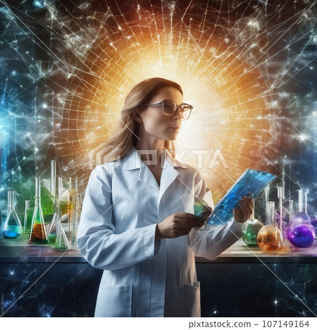 Young confident woman in lab coat standing Young confident woman in lab coat standing 107149164