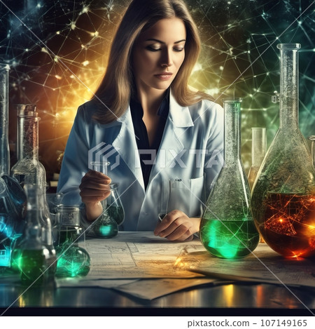 Young confident woman in lab coat standing 107149165