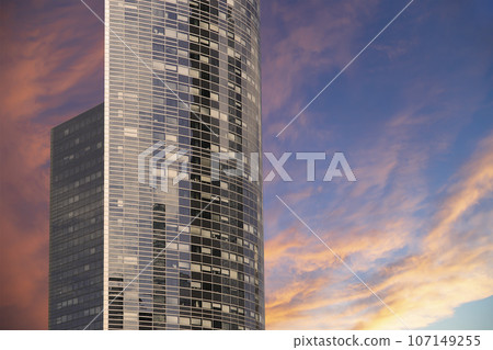Skyscrapers La Defense (against the background of a sky at sunset), commercial and business center of Paris, France 107149255