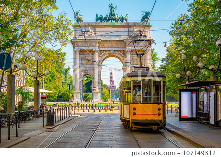 Yellow tram in Milan Yellow tram in Milan 107149312