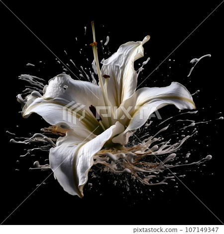 Lovely white lily flower from paint splashes, unusual creative illustration, original floral background, lovely wallpaper Lovely white lily flower from paint splashes, unusual creative illustration, original floral background, lovely wallpaper 107149347
